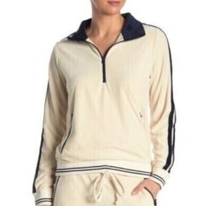 Faherty Richie Velour Velvet Cream & Navy Blue Quarter Zip Pullover Sweatshirt‎